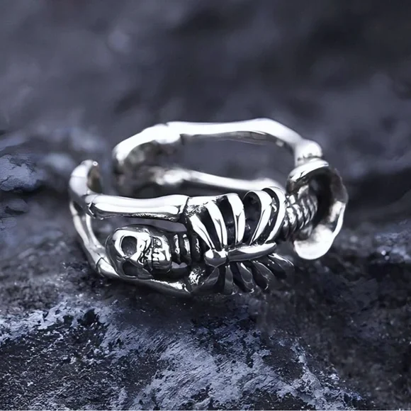 Antiqued Silver Adjustable Curved Skeleton Cuff Ring - Picture 3 of 3